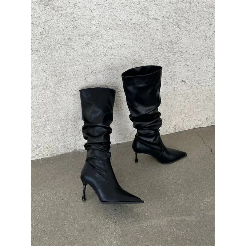 2024 Fall New Pointy Retro Pleated Leather Boots High Heels Sleeve Boots Pointy But Knee Boots Skinny Heel Pile Women\'s Boots