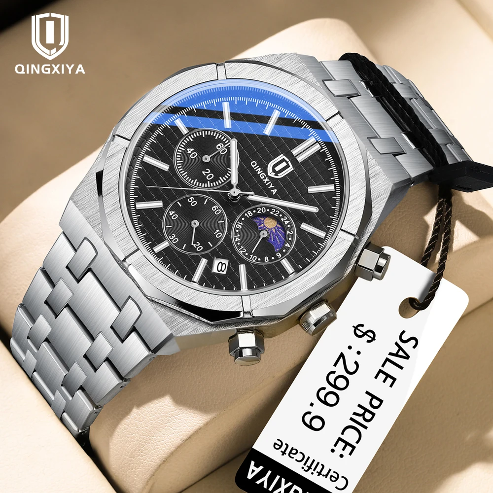 

QINGXIYA Top Brand New Fashion Moon Phase Chronograph Watch for Men Waterproof Luxury Stainless Steel Date Quartz Watches Mens
