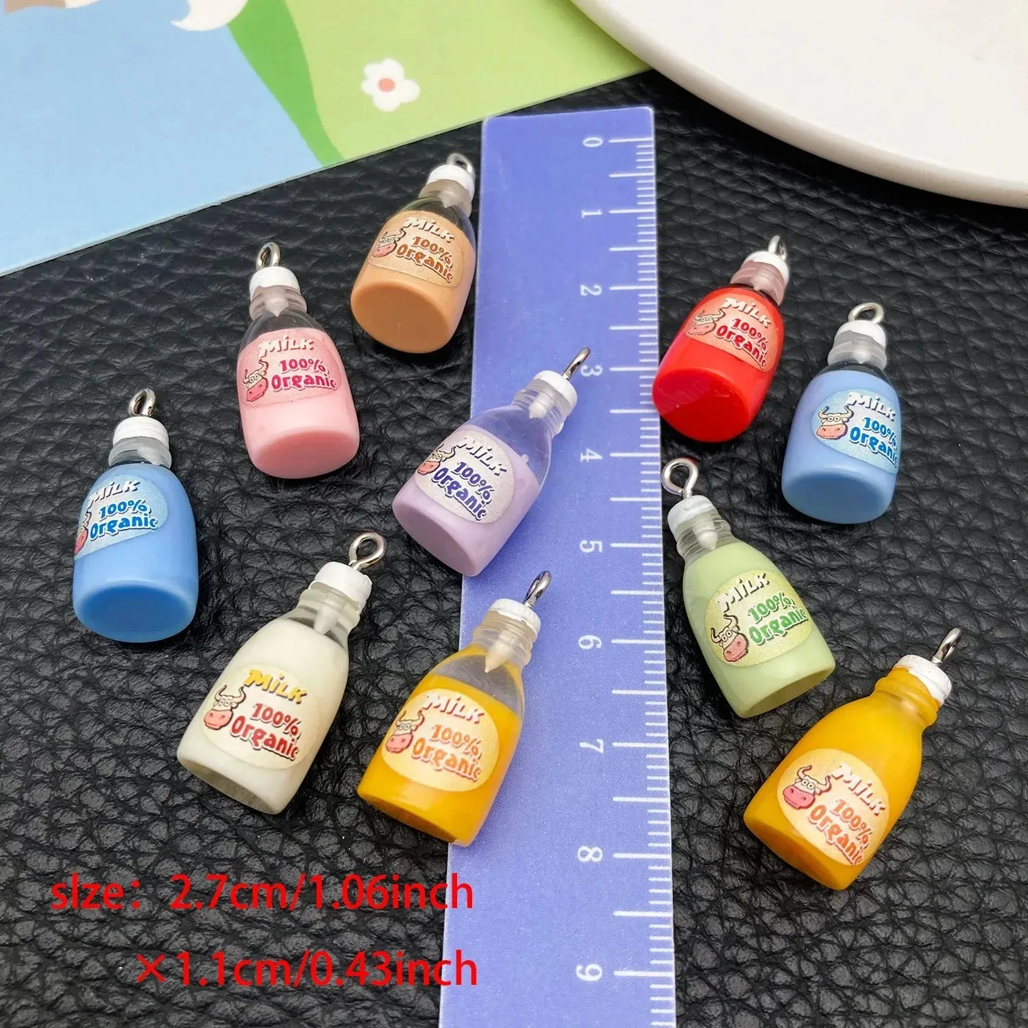 10 Pieces Transparent Dual Color Round Mini Milk Bottle Miniatures Resin Decor for Refrigerator Magnets & Keychain Charms