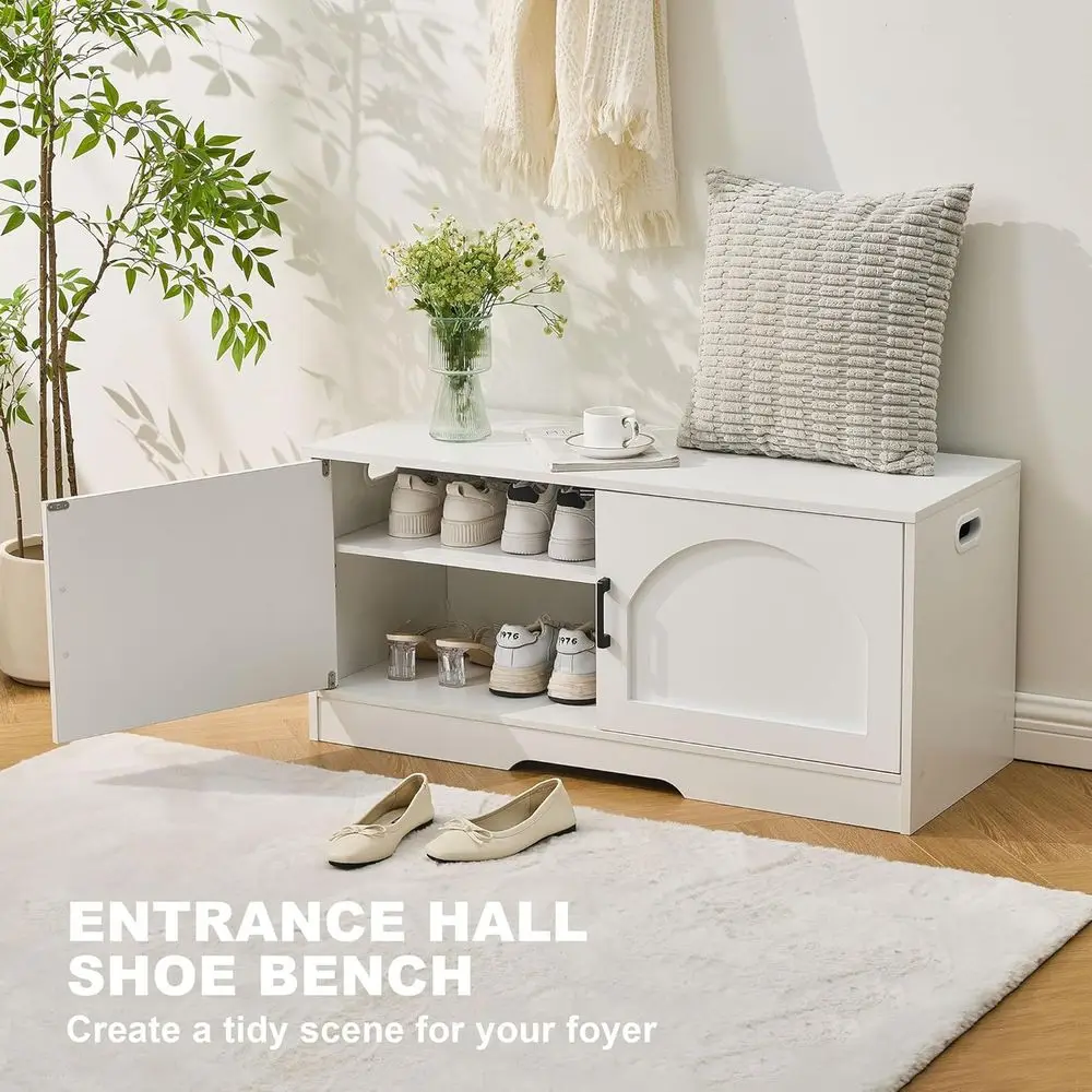 2-Door White Storage Bench, 39.4 Wide, Entryway Shoe Organizer, Adjustable Shelf, Holds 330lbs