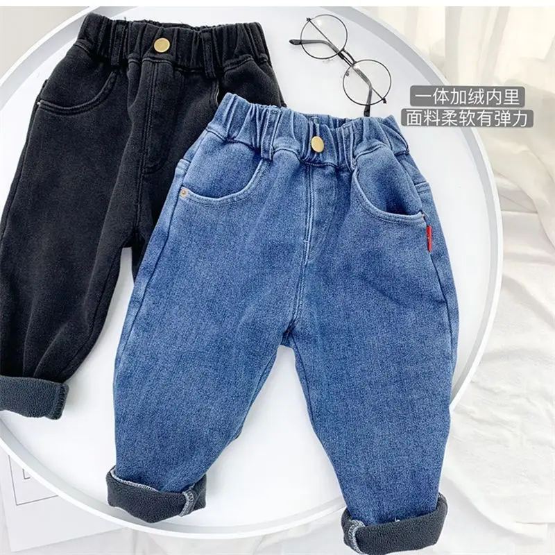 Autumn Winter Boys thick Jeans New Children\'s Thickened One piece Velvet Pants Girl Baby Winter Trousers