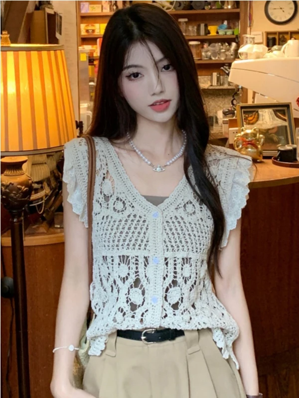 Bohemian Knitted Hollow out Ice Silk Vest Sleeveless Women's Summer Strap Outerwear Flying Sleeve Top V-neck Short Length