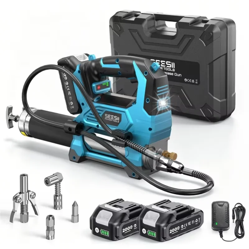 SEESII GR02 Ultra 12000PSI Electric Grease Gun Kit Cordless Brushless High Pressure Greasing Machine Oil Tool Set with 2.0Ah Battery 39.4" Flexible Hose LED Light