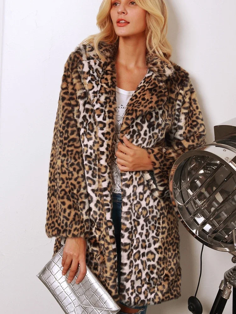 Winter Women\'s Warm Faux Fur Long Coat Leopard Leisure Women Shaggy Fur Long Jackets Thick Fluffy Luxury Bontjas Outerwear 2023