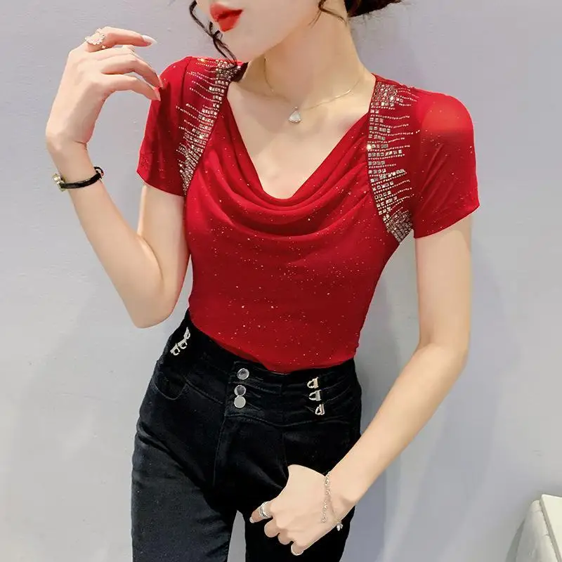 Loose Ironing Diamond Splicing Fake Two-piece Top Sequin Gauze Mesh Elegant Versatile T-shirt