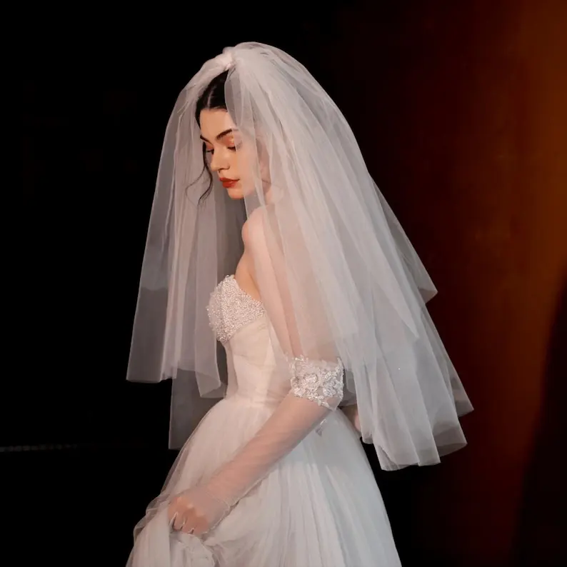 Light Ivory Two-Tier Bridal Veil | Short Vintage Puff Veil with Comb Custom lengths and styles / Accept bulk orders