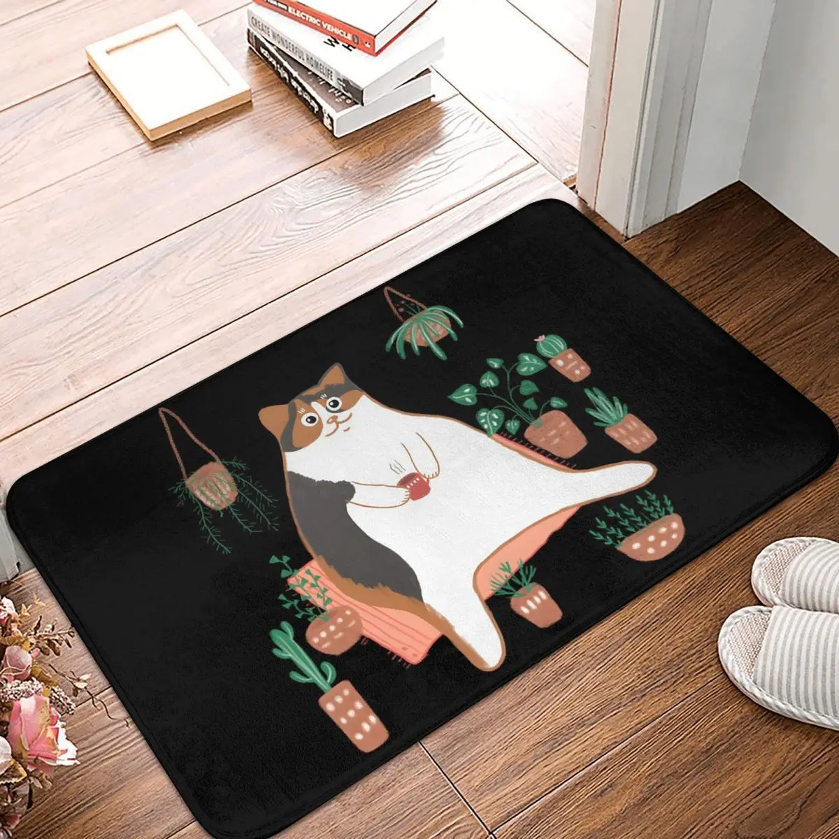 Calico Cat With Pot Plants Cat For Mom Doormat Kitchen Entrance Home Floor Mat Non-slip Carpet Rug for Balcony Footpad Mats