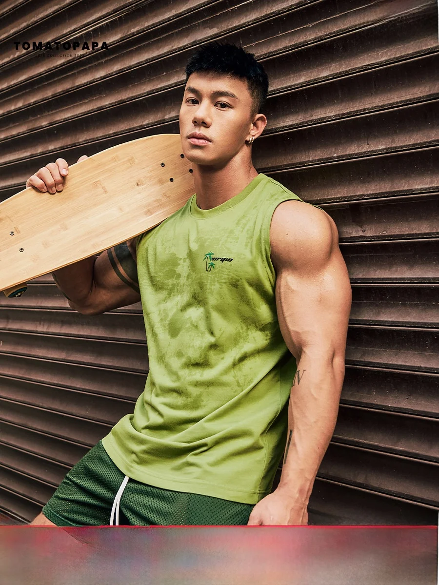 Atopapa Summer 2023 Svel Fitn Sports Vest for Young Men Simple Trendy Print round Ne Cotton Polyester Blend Vest