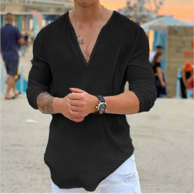 Nova moda masculina primavera e verão confortável casual com decote em v pulôver cor sólida tendência personalidade camisa de manga comprida