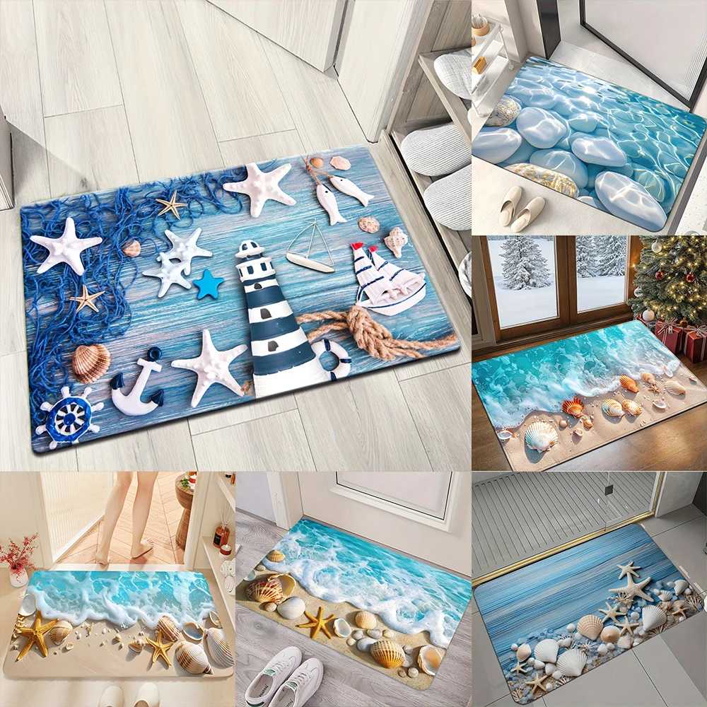 2D Flat-1pc Seaside Doorway Floor Mats , Suitable for entrance, kitchen, living room, rectangular carpet decoration.