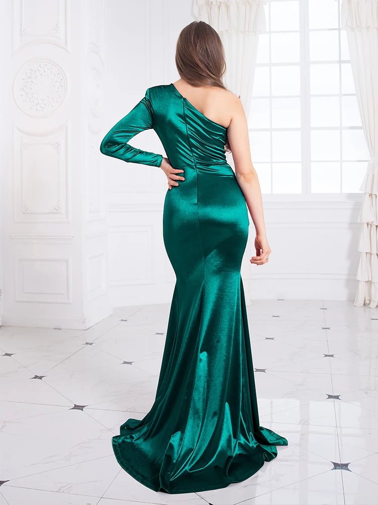 Elegant Long Sleeve One Shoulder Women Evening Dress Pleated Satin Stretch Sweep Train Party Prom Gown Floor Length Dresses 2024