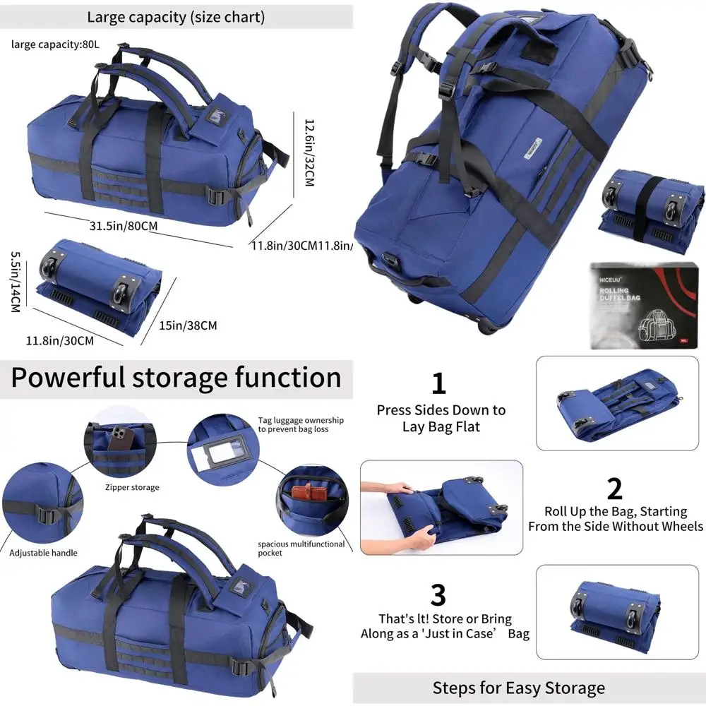 

80L Expandable Rolling Travel Bag with Adjustable Straps and Wheels (Blue)