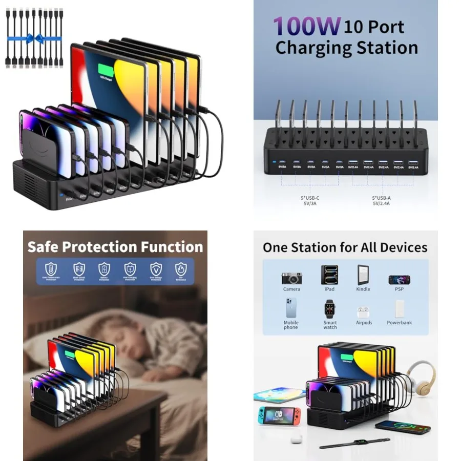 

100W Charging Station for Multiple Devices, 10-Port USB Fast Charging Station with Adjustable Dividers and 10 Cables- Multi Dev