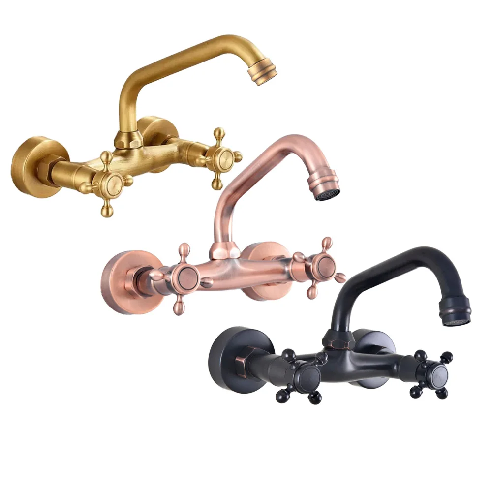 Dual Cross Handles brass and stainless steel Wall Mounted Kitchen Bathroom Swivel Spout Faucet Mixer Tap azh053