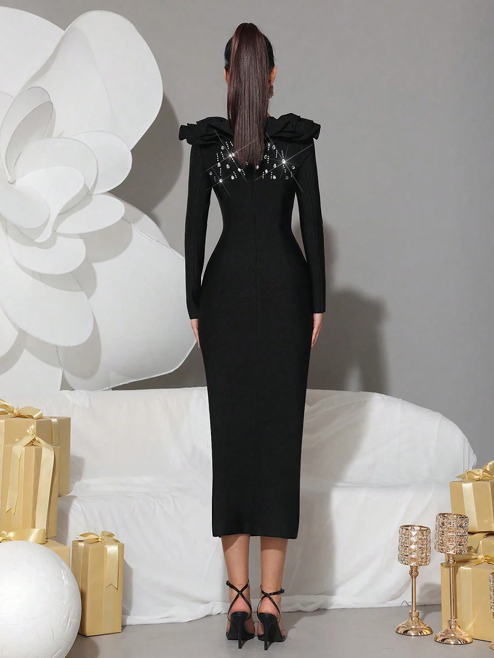 Modphy 2025 Fashion V Neck Diamond Ruffle Edge Bandage Dress Lady Long Sleeved Elegant Club Party Birthday Women Outfit