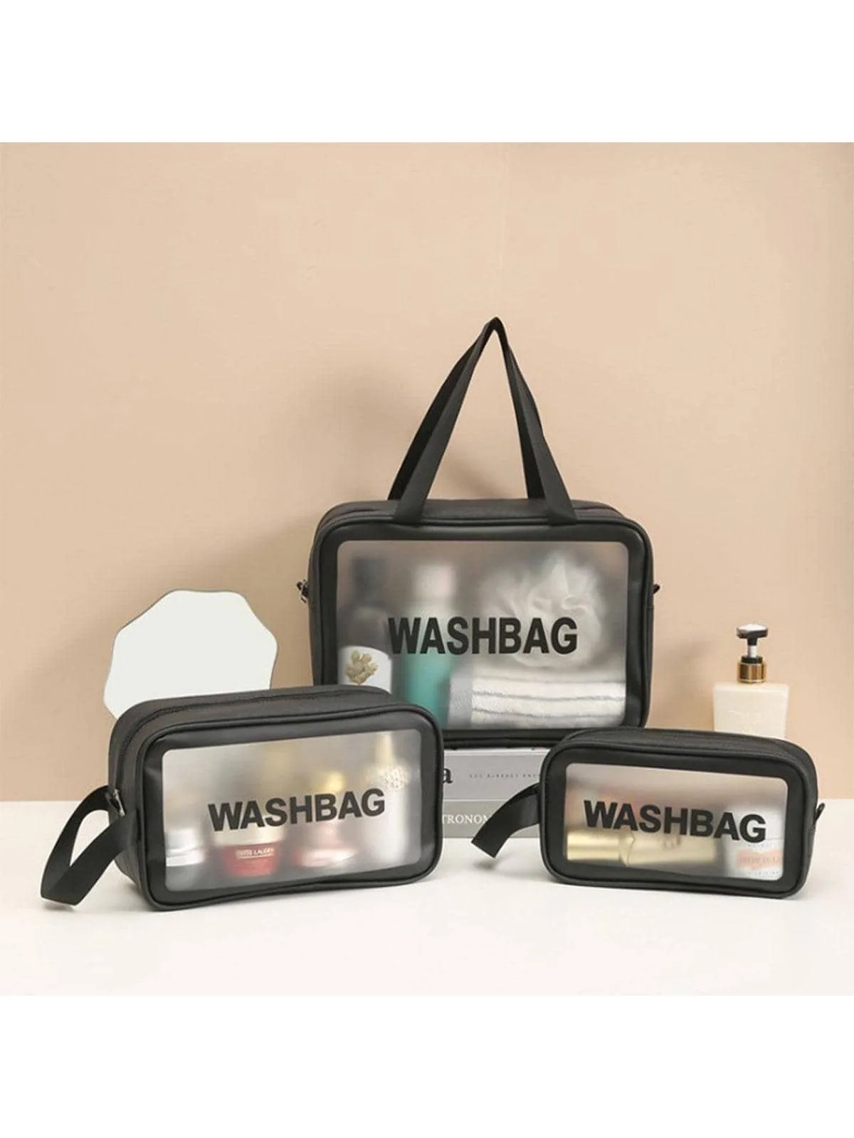 Portable Transparent PU Frosted Makeup Bag Large Capacity Handheld Toiletry Bag for Bath and Swimming