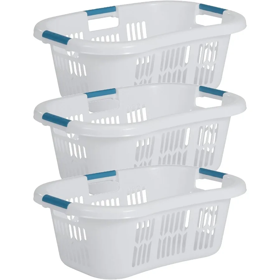 2.1-Bushel Small Hip-Hugger Portable Plastic Laundry Basket with Grab-Through Handles, White 3-Pack