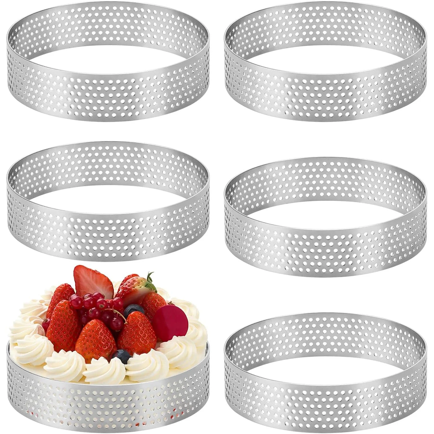 Stainless Steel Perforated Tart Rings, Nonstick Round Cake Mold for Baking, Pastry, French Dessert Mousse, Food Crisp - 8.0cm