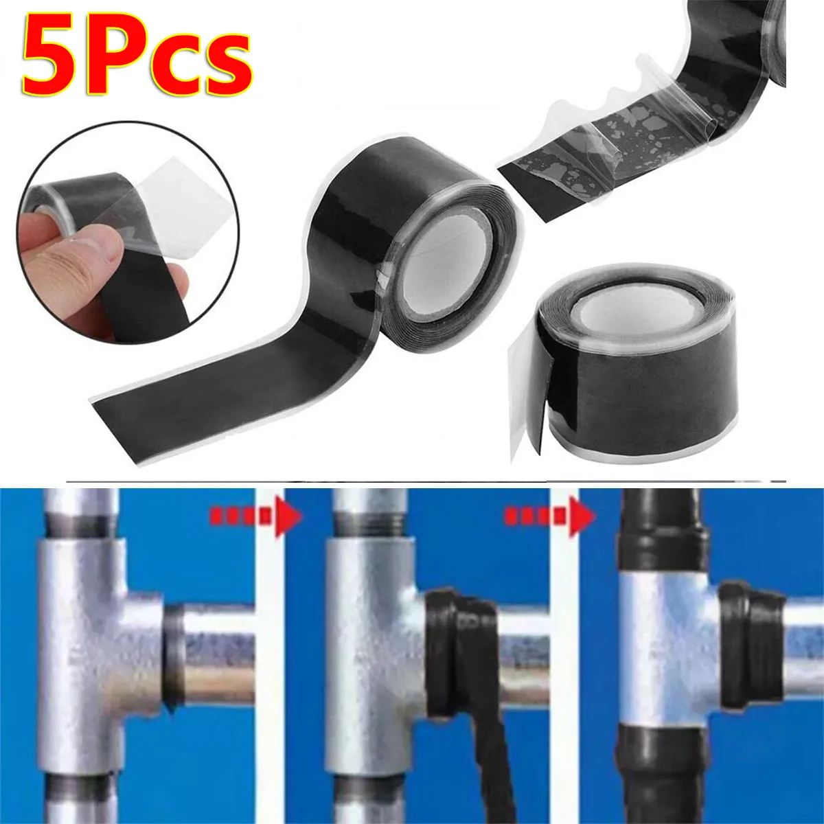 

5Pcs Multi-Purpose Black Rubber Silicone Repair Waterproof Bonding Tape Rescue Self Fusing Wire Rubber Hose Tape Sealing Strip