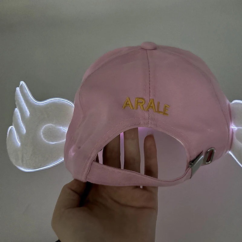 Cute Anime Dr.Slump LED Neon Hat Glowing Light Arale Baseball Cap With Angel Wings Pink Luminous Party Hat For Girl Women