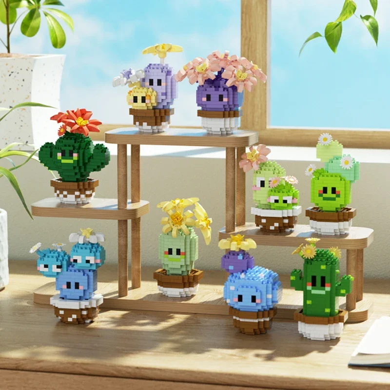 Potting Building Blocks Mini Cactus Tabletop Decoration Eternal Life Flower Succulent Pot Diy Assembling Model Children Toy Gift