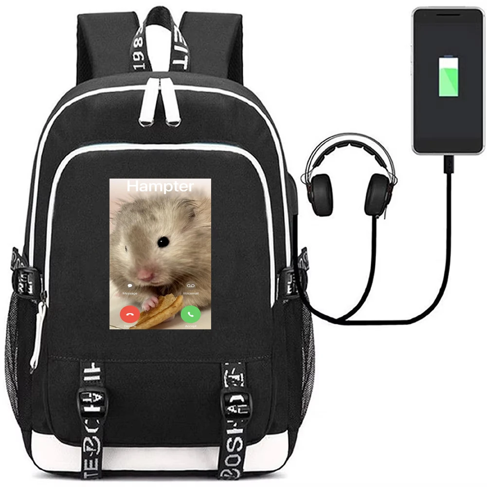 Hamster Is Calling Backpack with USB Charging Port Cute Animal Bookbag Laptop Bag for Students Funny Meme Mochila