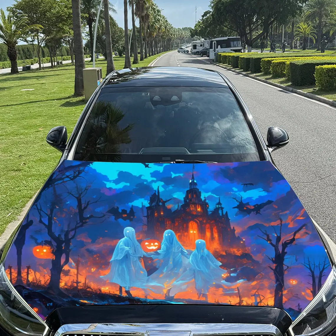 

Замок с привидениями и призраками на Хэллоуин, виниловая пленка для автомобиля, материал ПВХ, водонепроницаемая наклейка на капот автомобиля, самоклеящаяся устойчивая к царапинам S