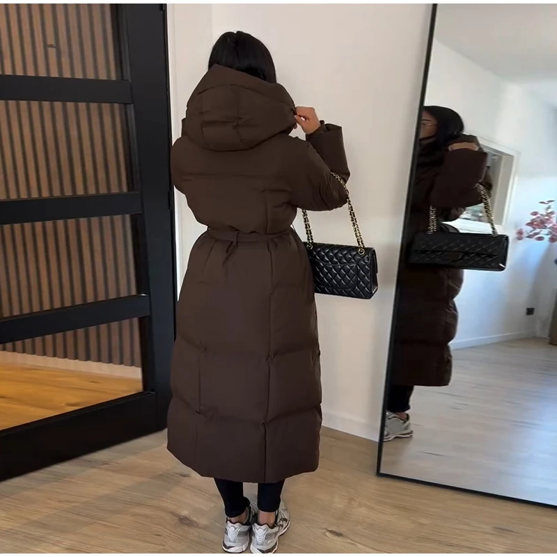 Elegant Long Belted Waist Tie Hooded Puffer Coat Quilted Thick Maxi 2026 Winter Daily Travel Outdoor Outerwear Casual Overcoat