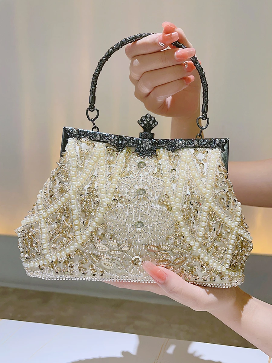 Faux Pearl & Diamond Kiss Lock Clutch Bag Floral Handle Party Bag Metal Chain Cocktail Crossbody Bag