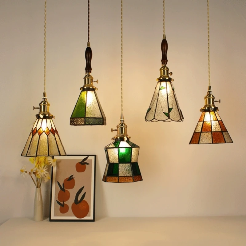 

Retro Pastoral Stained Glass Chandelier E27 Dinning Room Decor Ceiling Pendant Lamp Colorful Handmade Lampshade Hanging Light