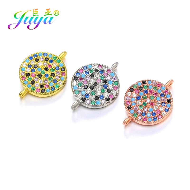 Juya Micro Pave Colorful Zircon 18K Gold Plated Decorations Round Charms Connector For DIY Women Men Luxury Gift Jewelry Making