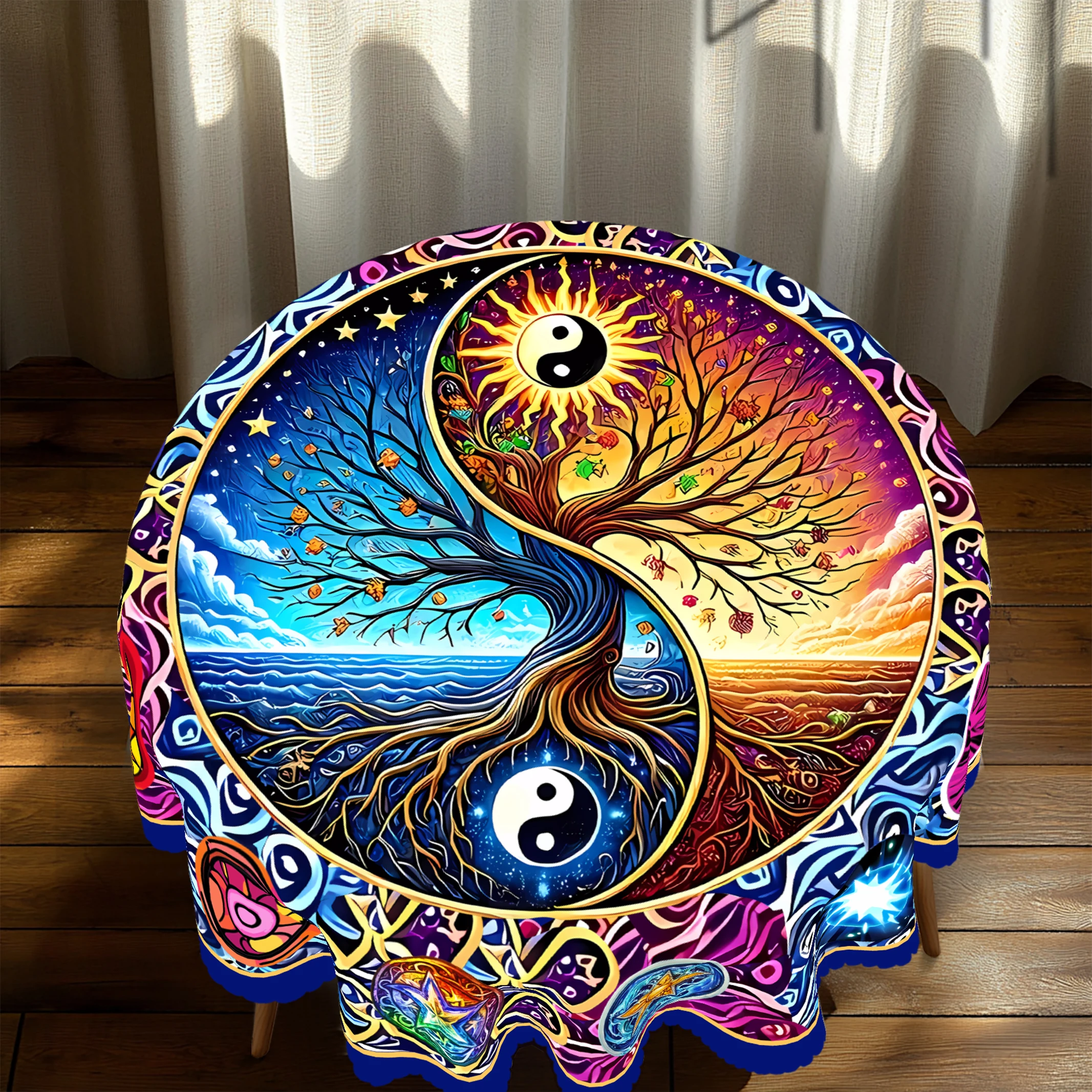 1 Piece of Tai Chi Tree of Life Tarot Round Tablecloth, Featuring a Yin-Yang Tai Chi Design as Its Base, with a Print of the Tree of Life, Starry Sun and Moon, and the Elements of Heaven, Earth, Mountains, and Sea, with Embossed Edges, Tarot-Themed Decoration, Suitable for Daily Use in Home Dining Rooms, Leisure Areas, Tarot Divination Tables, and as a Decorative Item for Daily Gatherings and Parties, as Well as a Home Decor Item for Tarot Enthusiasts
