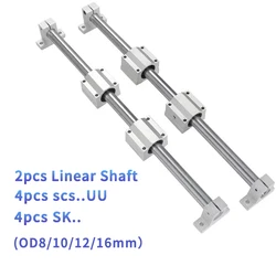 10pcs/Set Linear Rail Shaft Optical Axis 8-12mm + SK8/10/12/16 Shaft Support + SCS8/10/12/16UU Bearing Block For CNC Parts