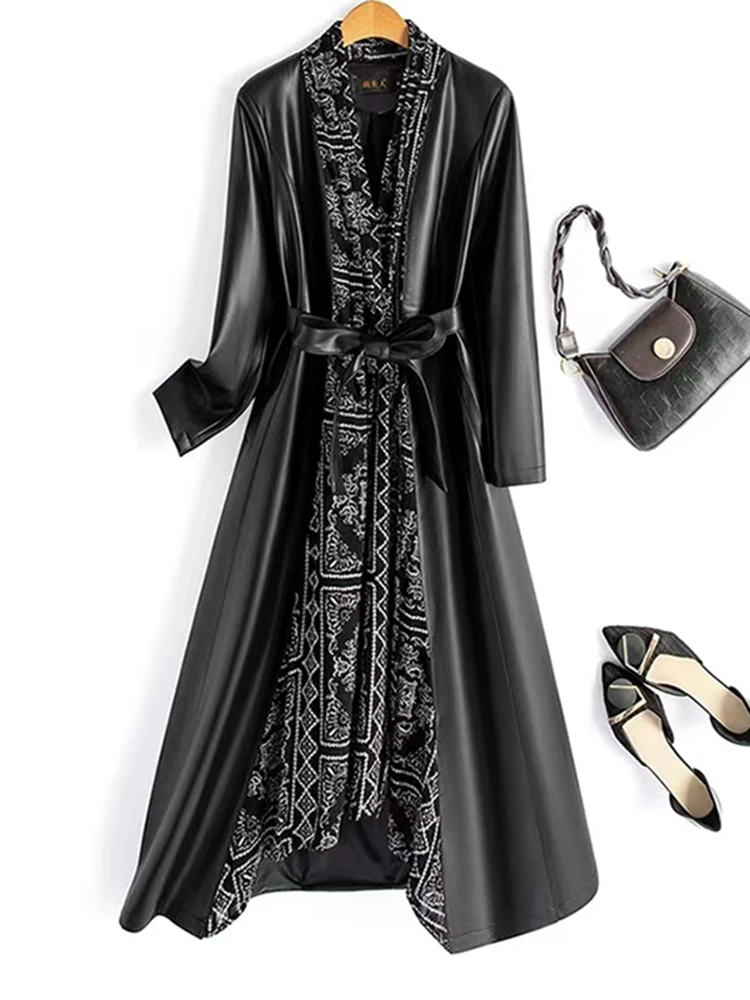 엘레 미디엄 길이 양가죽 가죽 코트 여성용 패셔너블 슬리밍 한국 스타일 봄 가을 신상품 윈드브레이커