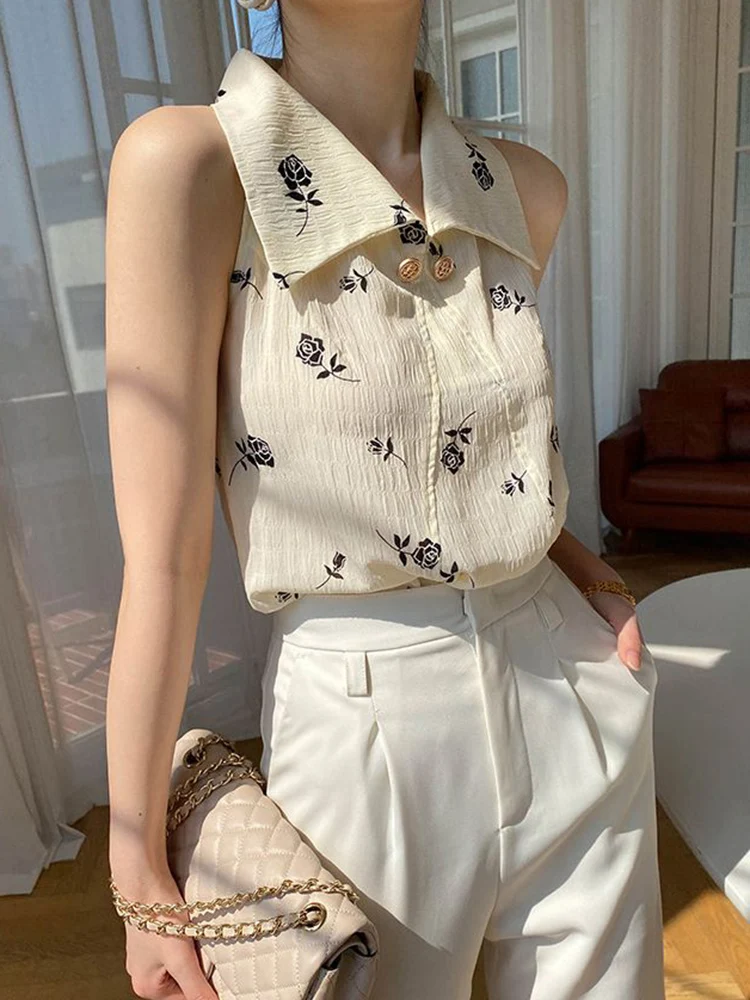 Vintage Print Sleeveless Shirt Women Korean Elegant Chiffon Blouse Summer Retro Design Turn Down Collar Office Lady Tops