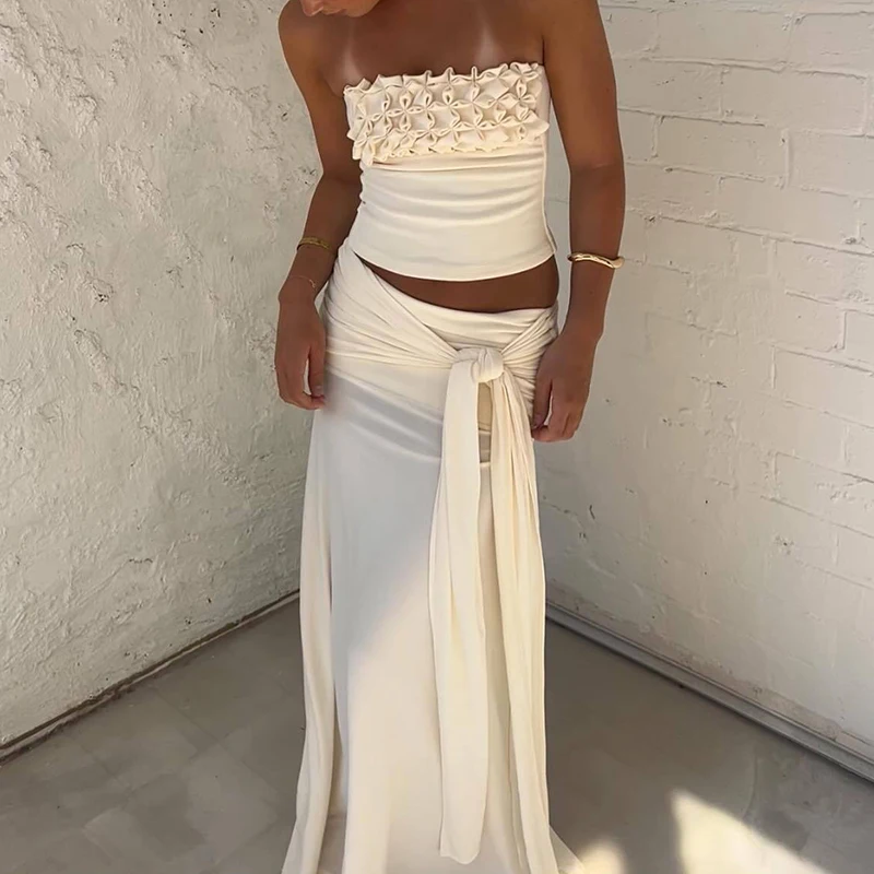 

Women 2025 Summer Lace Up Office Outfit Sexy Strapless Floral Camisole&Wrap Hips Skirts Sets Casual Solid Slim Vacation 2pc Suit