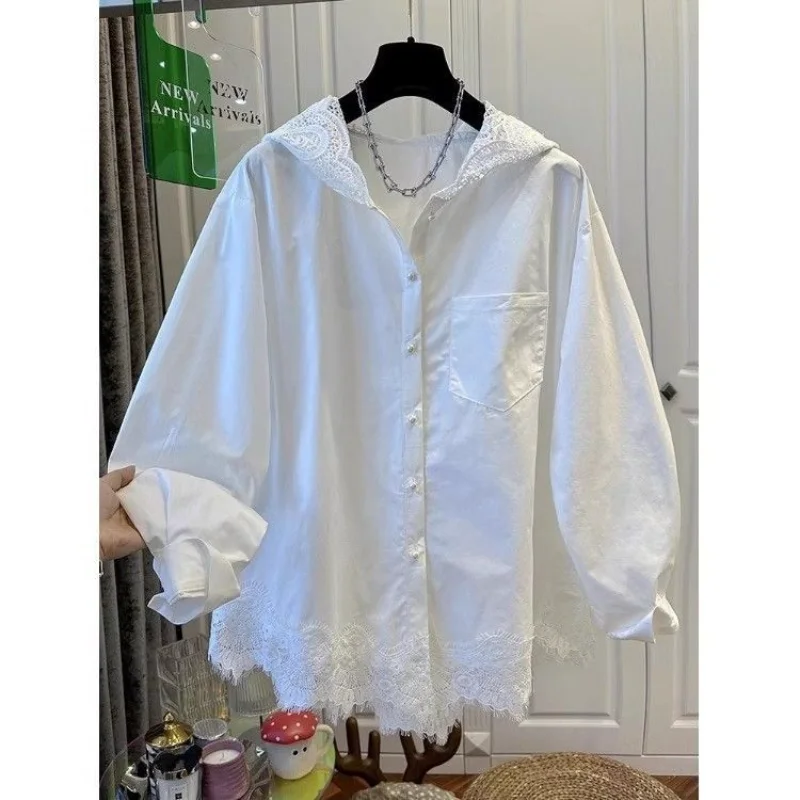 

Прошитая кружевная рубашка с капюшоном и длинными рукавами для женщин, дизайнерская рубашка, модная свободная весна-осень