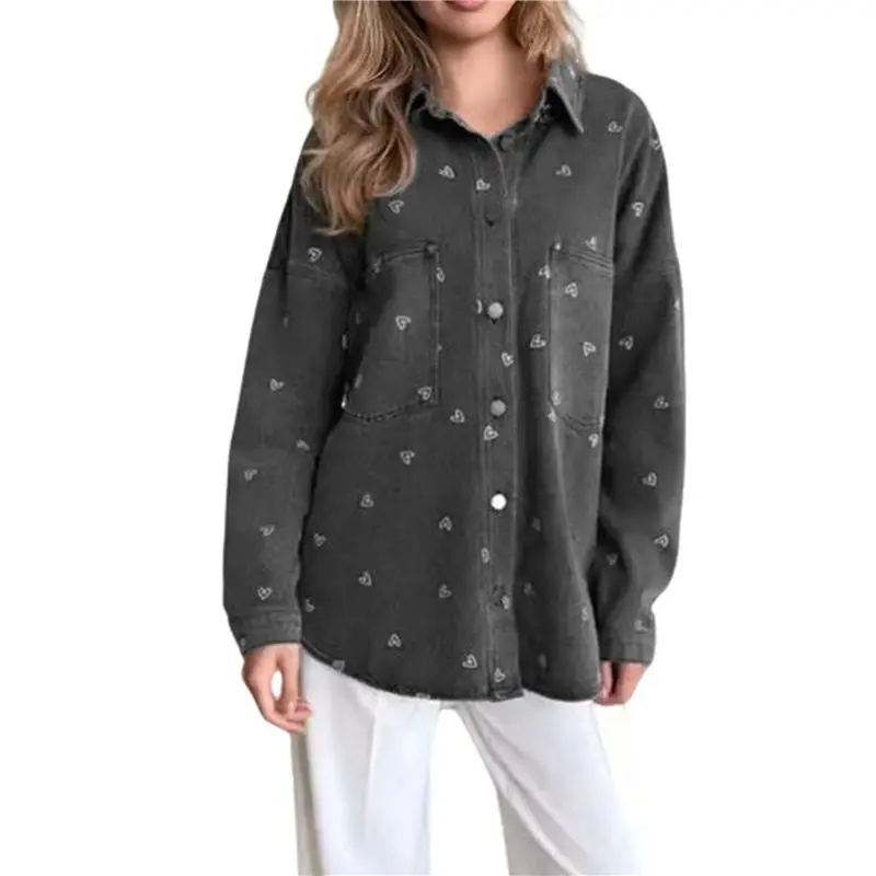 AB66-قميص دينيم نسائي بأزرار من قماش الدنيم سترة خريفية مطبوعة كاجوال قميص علوي