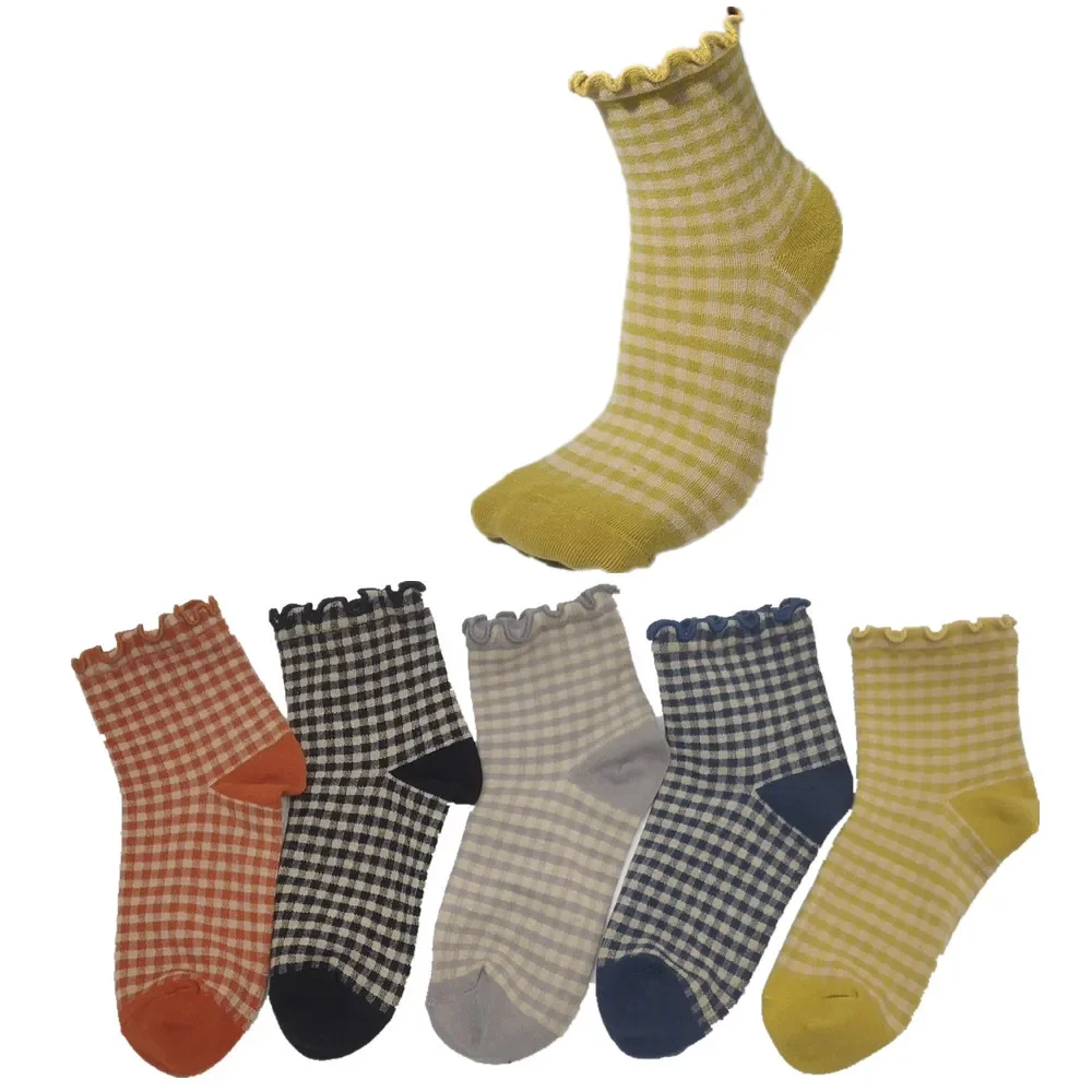

5 пар клетчатых хлопковых носков, носки с круглым носком, женские короткие носки, комплект