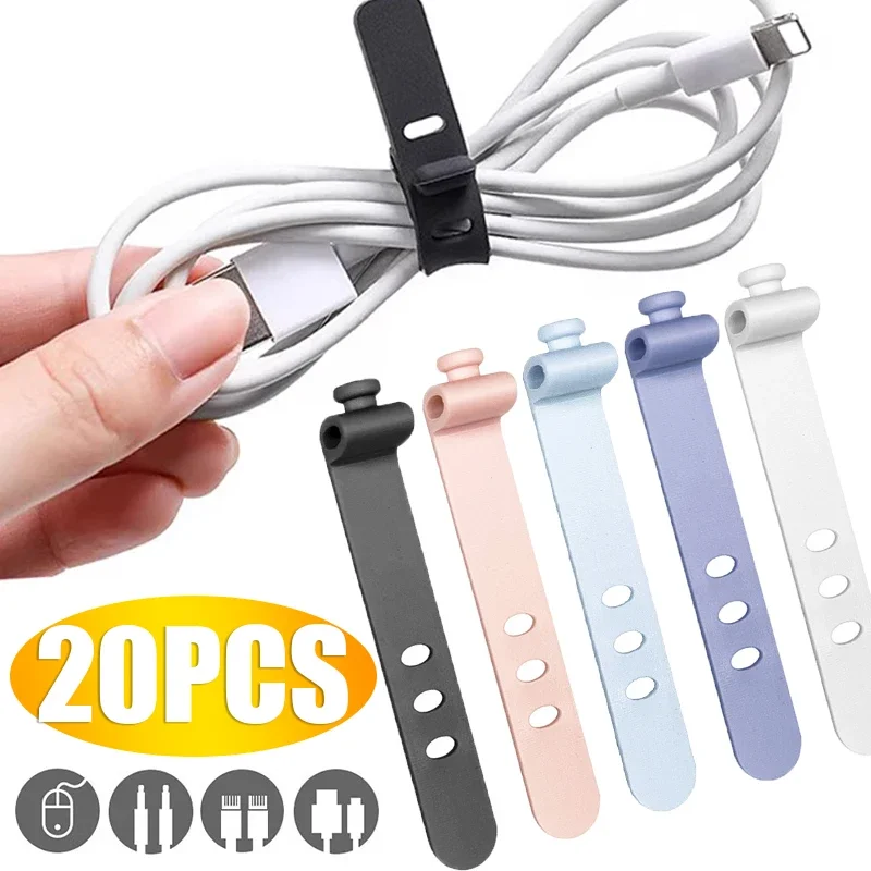 Organizador de cabos de silicone, 20-1 peças, enrolador de fio reutilizável, laços de gerenciamento de cabos, tiras de cabo de alta elasticidade para fone de ouvido, carregador usb