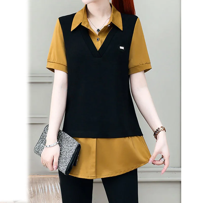 Office Lady Korean Solid Color Spliced Fake Two Pieces Blouse Fashion All-match Polo-Neck Casual Shirt Summer Women\'s Clothing