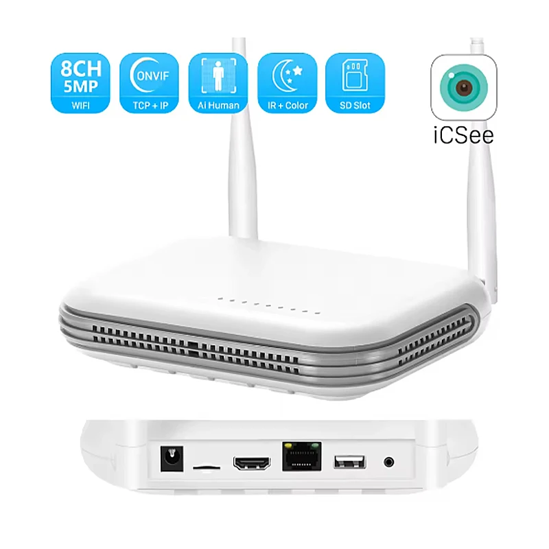 Wifi NVR Mini 8CH 5MP XMeye WIFI مسجل فيديو لنظام الأمان اللاسلكي TF فتحة للبطاقات كشف الوجه P2P H.265 iCSee