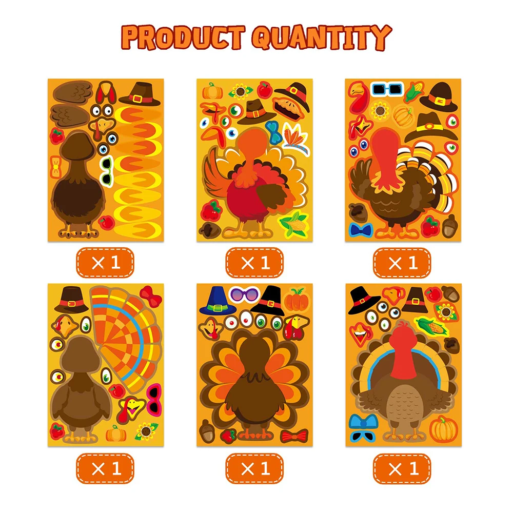 6/12Sheets Make a Face Puzzle Stickers Thanksgiving Day Create Your Own Turkeys DIY Game Children Assemble Jigsaw Kids Toy Party