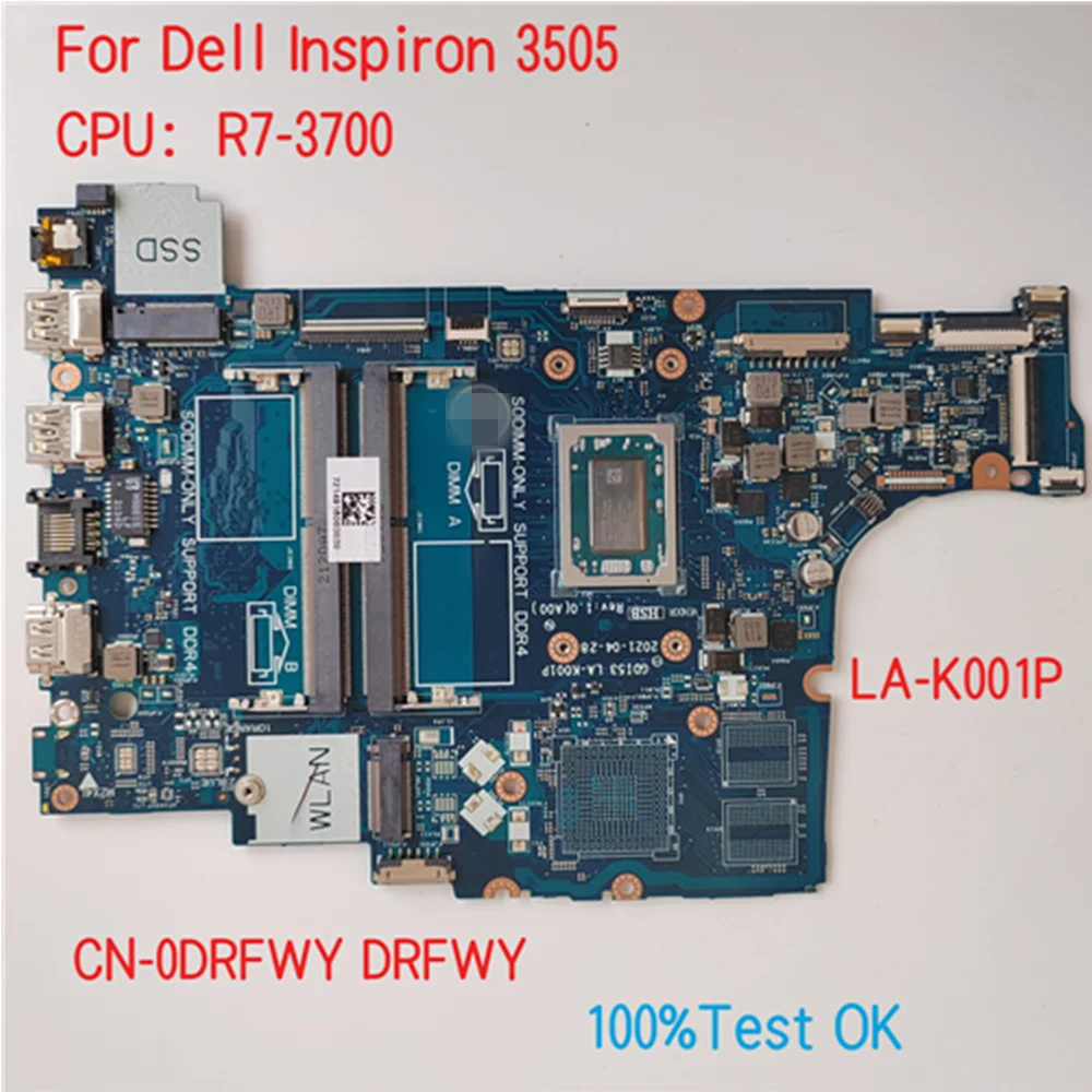 LA-K001P For Dell Inspiron 3505 Motherboard CPU R3 R5 R7 CN-0GWD64 GWD64 DRFWY 0DRFWY 100% Test OK