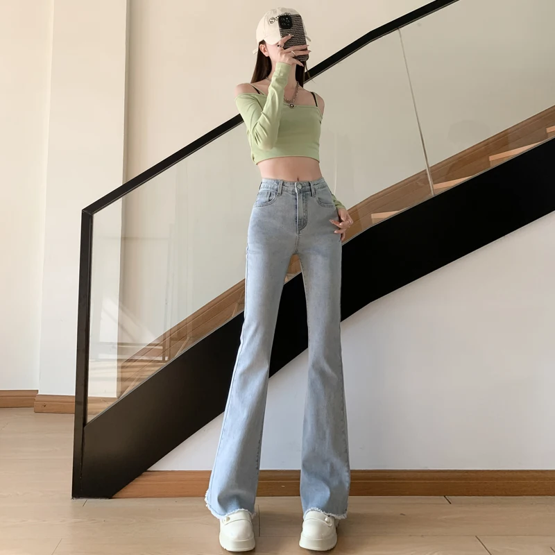 

Straight Tube Loose Leisure Womens Highwaisted Jeans Stretchy Bootcut Denim Pants Solid Color Thin Bell Bottoms Trousers