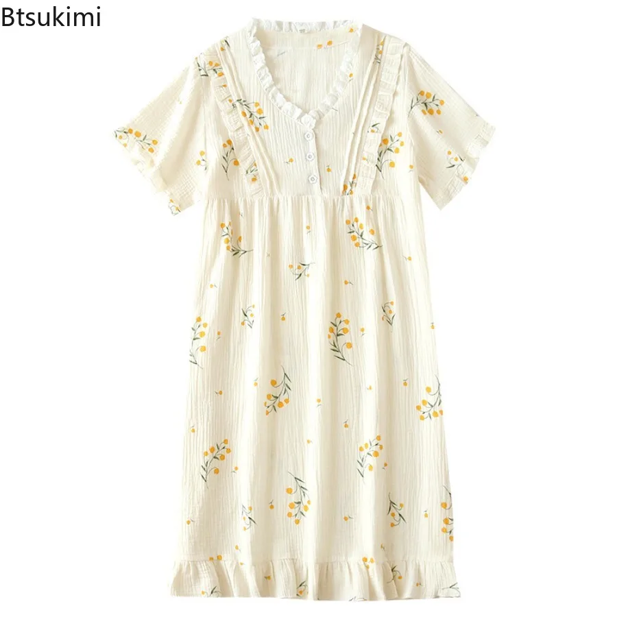 2025 Women's Summer Nightdress 100% Cotton Gauze Crepe Skirt Thin Short Sleeve Sweet and Cute Cardigan Skirt Home Skirt Female