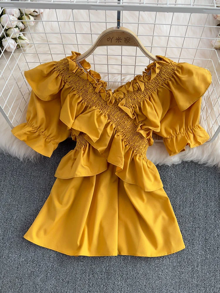 EWQ Sweet Style And Youth Woman Blouses Solid Color Ruffles Patchwork Slash Neck Female Slim Shirt Summer 2023 New 27SN1784