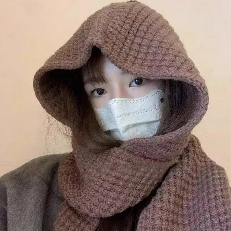 Thickened Knitted Scarf Hat Two-In-One Ear Protection for Women Autumn Winter Warm Hat Scarf Integrated Design Fashion Accessori