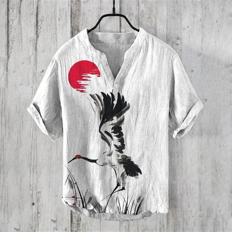 2024 New 100% Linen Shirt HD Pattern Plus Size Crane Fish Landscape Painting Shirt Hawaiian Men\'s Linen V-neck Men\'s T-shirt