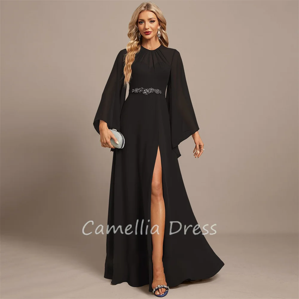 

Elegant A-line Evening Dresses Scoop Neck Party Dresses Long Sleeves Chiffon Formal Dresses Vestidos De Fiesta فساتين السهرة